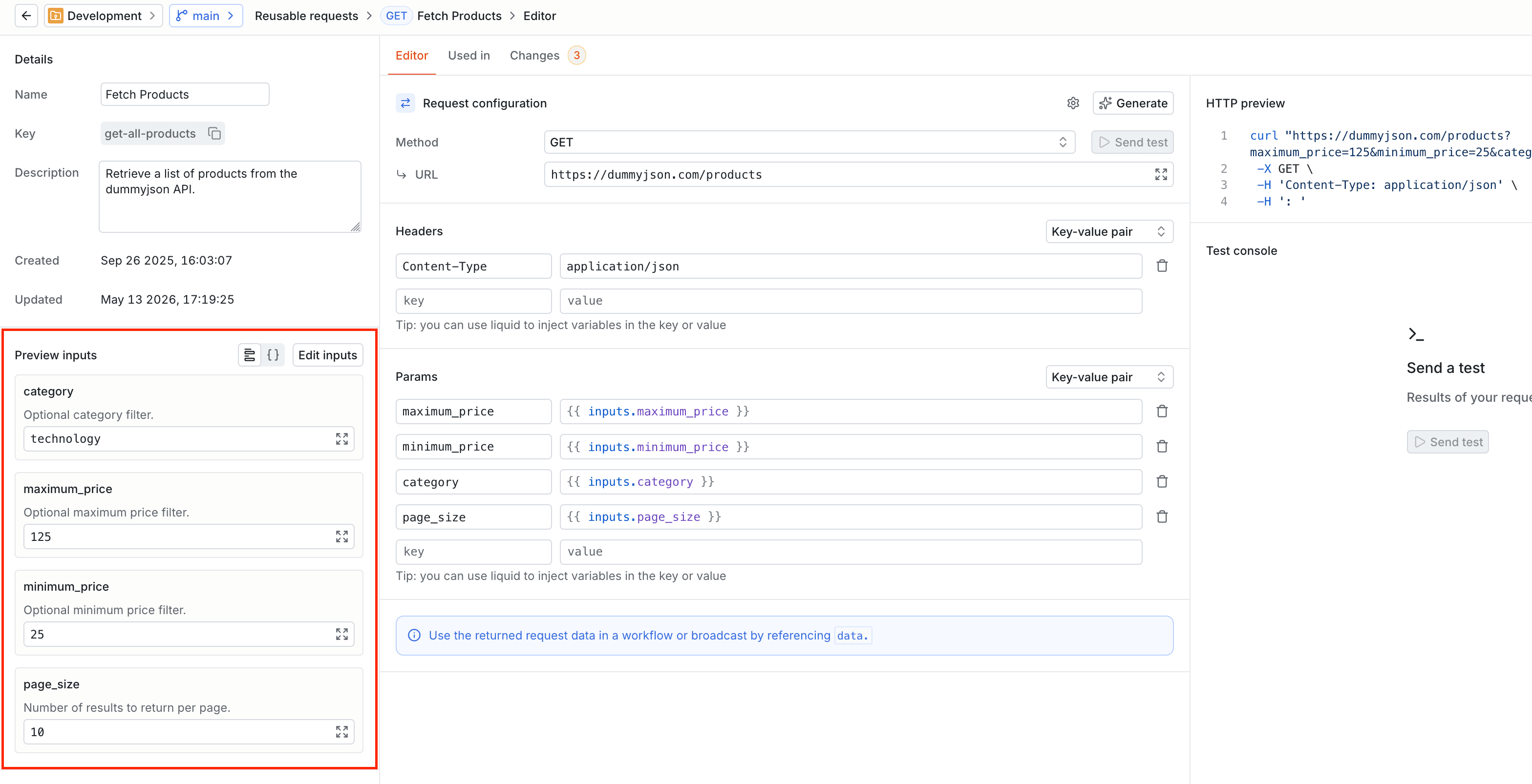 Previewing schema inputs for a reusable request.