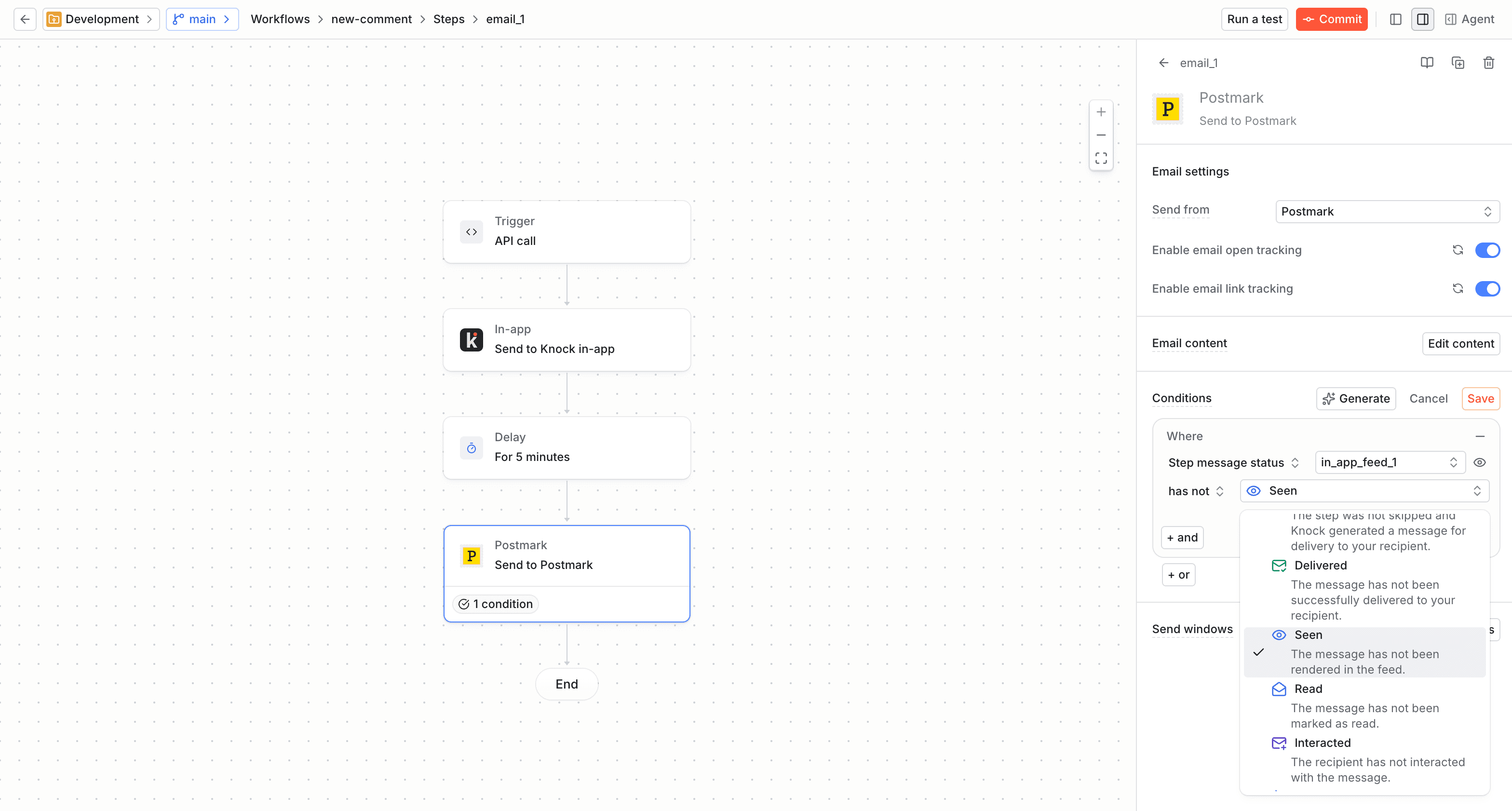 Setting a condition on an email step that passes when the message produced by the preceding in-app step has not been seen after a 5-minute delay.